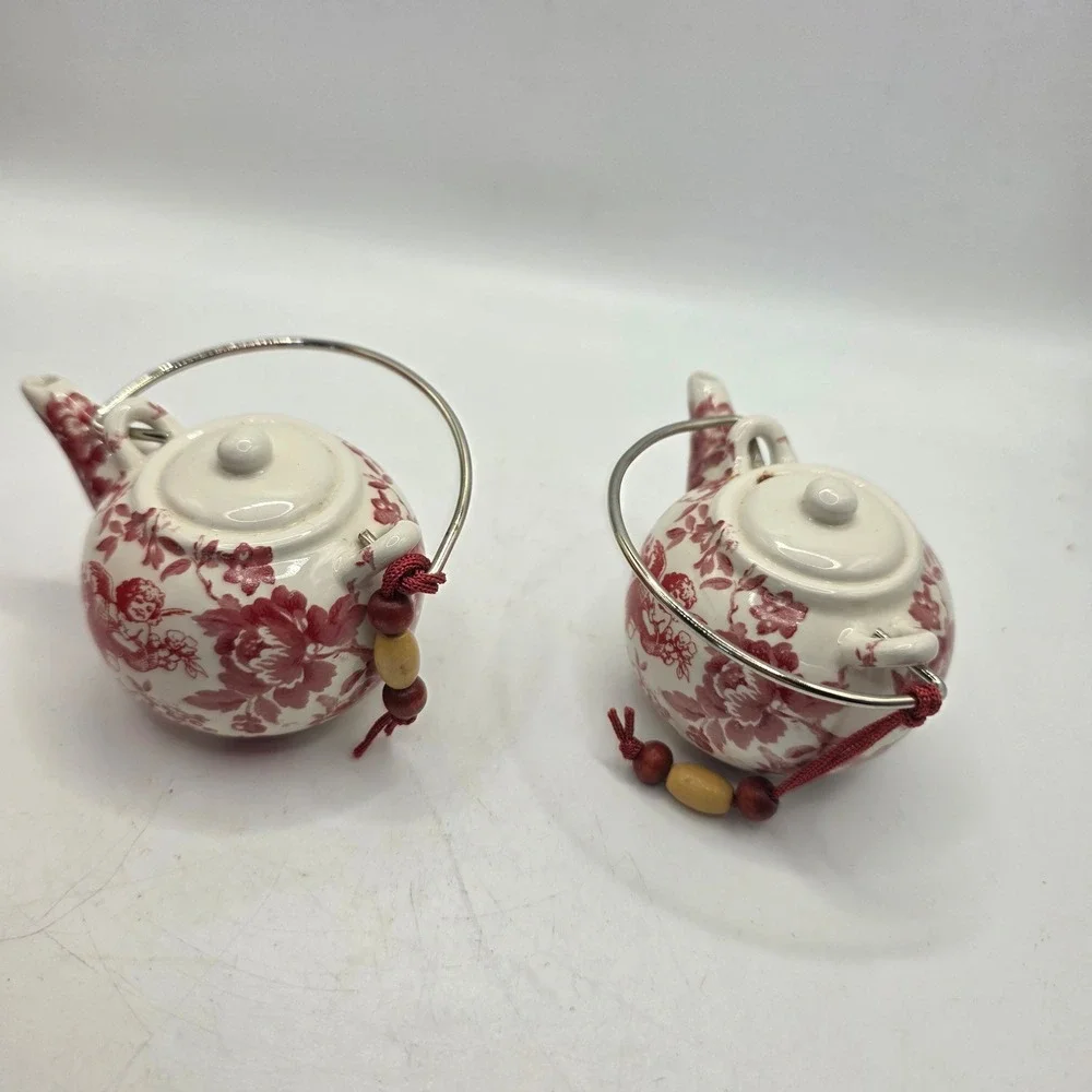 Vintage Miniature Porcelain Teapot Ornaments Pair Red Cherub Floral Made in Chin